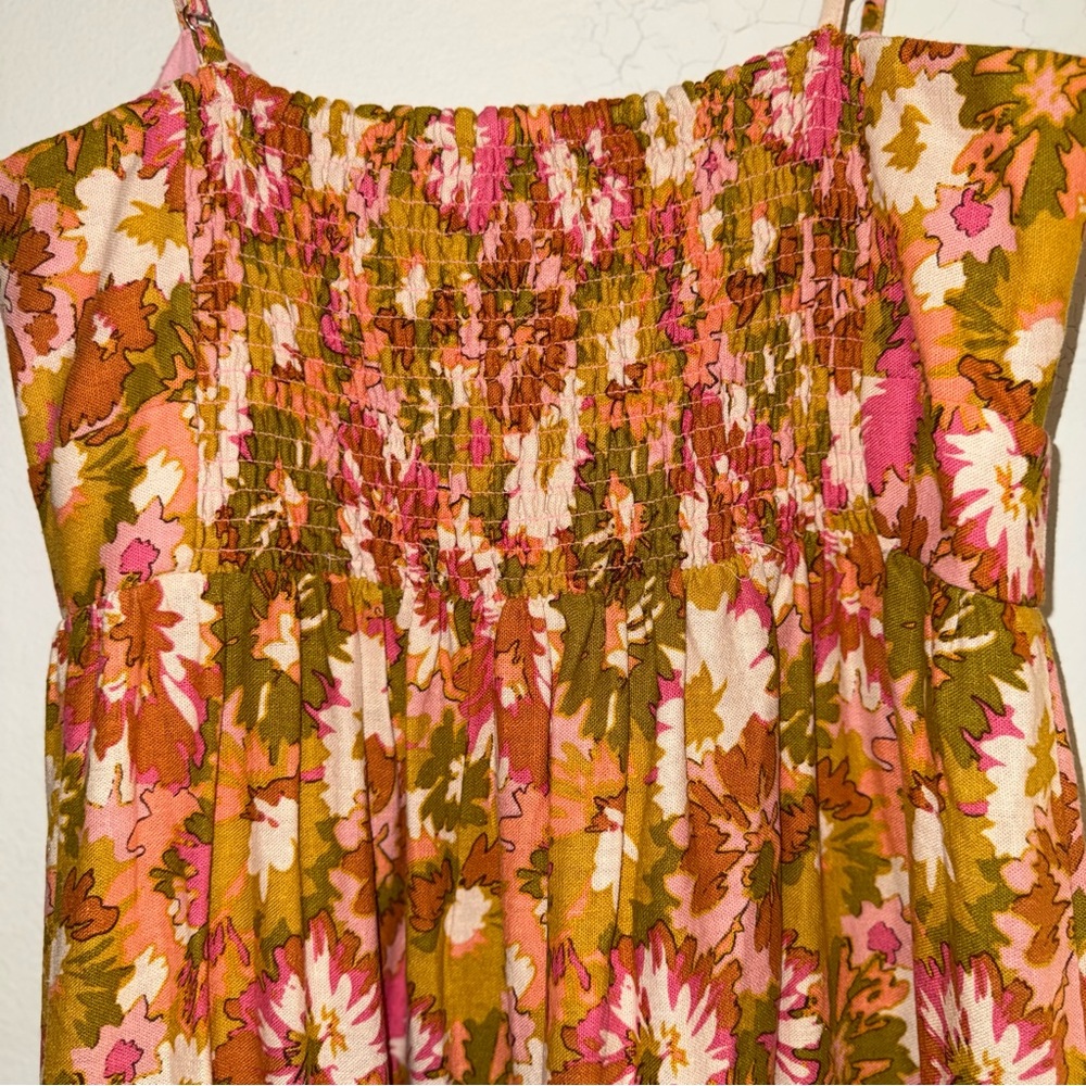 House of Harlow Bow Tie Front Linen Blend Tiered Maxi Dress in Mustard-Pink sz M - Picture 8 of 10